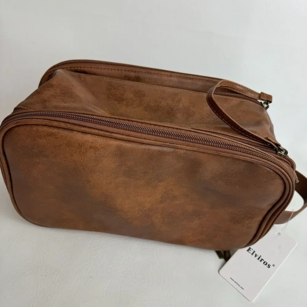 Elviros Men Toiletry Bag Water-Resistant PU Leather Travel‎ Dopp Shaving Kit New
